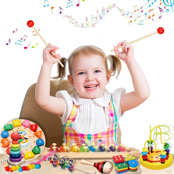 Brastoy Kit De 9 Brinquedos Montessori Em Madeira, 3+ Anos, Xilofone E Sino, Brinquedo Educativo