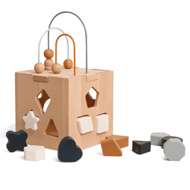 Brinquedo Caixa de Madeira Silicone Formas Geométricas Blocos Combinando Formas Montessori - PontoBaby