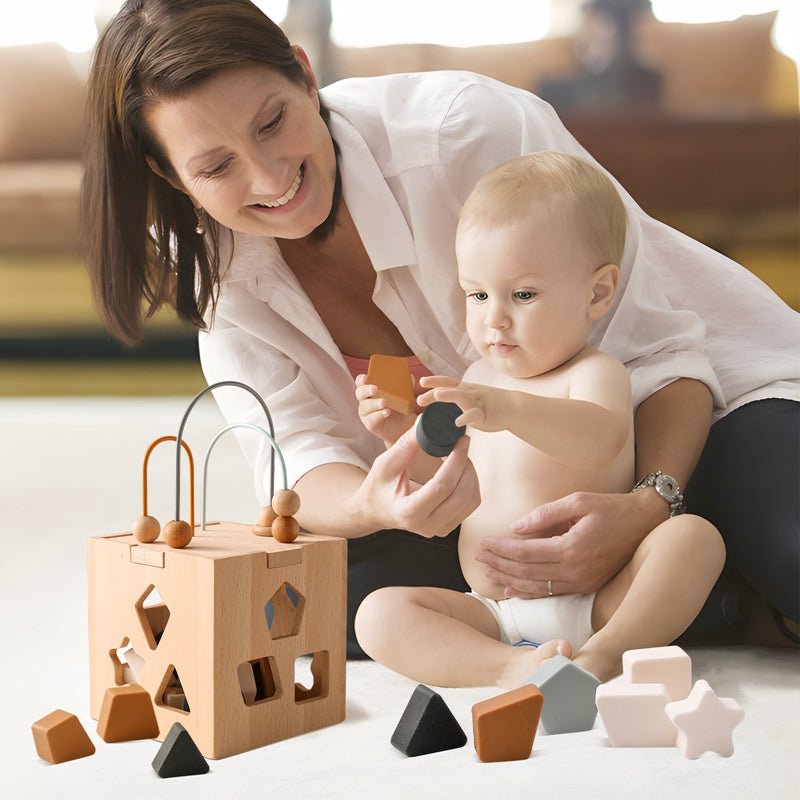 Brinquedo Caixa de Madeira Silicone Formas Geométricas Blocos Combinando Formas Montessori - PontoBaby