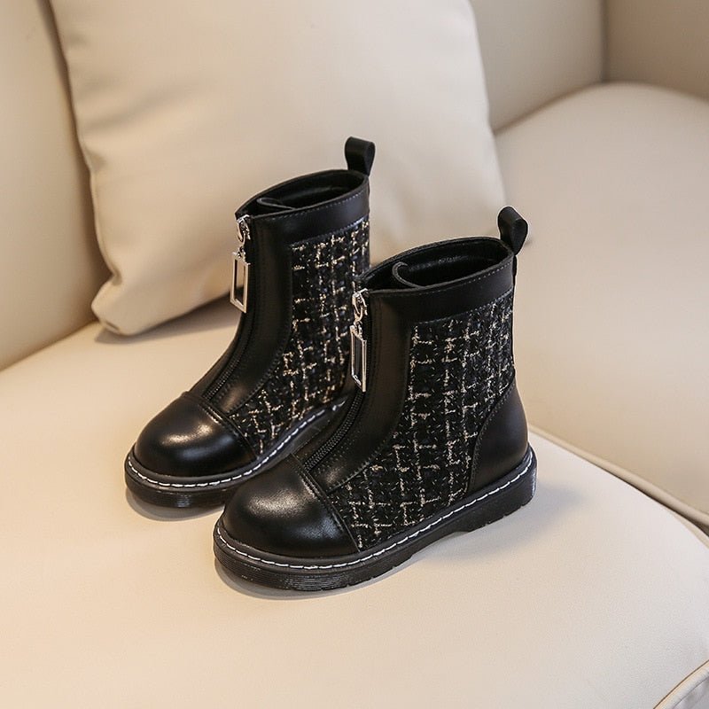 Girls' 2022 new autumn and winter Front zipper design British style genuine leather children's check short boots - PontoBaby