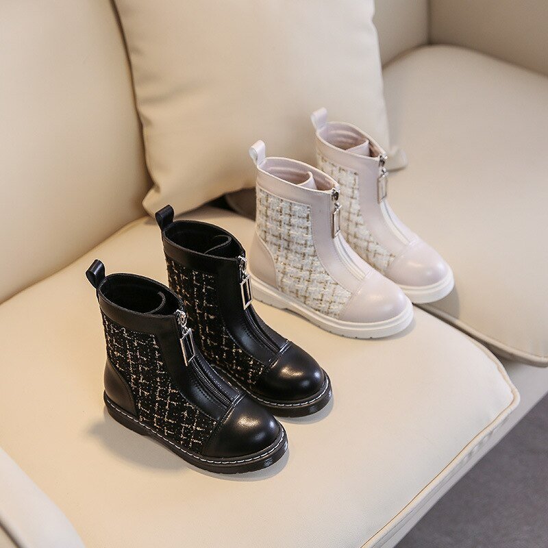 Girls' 2022 new autumn and winter Front zipper design British style genuine leather children's check short boots - PontoBaby