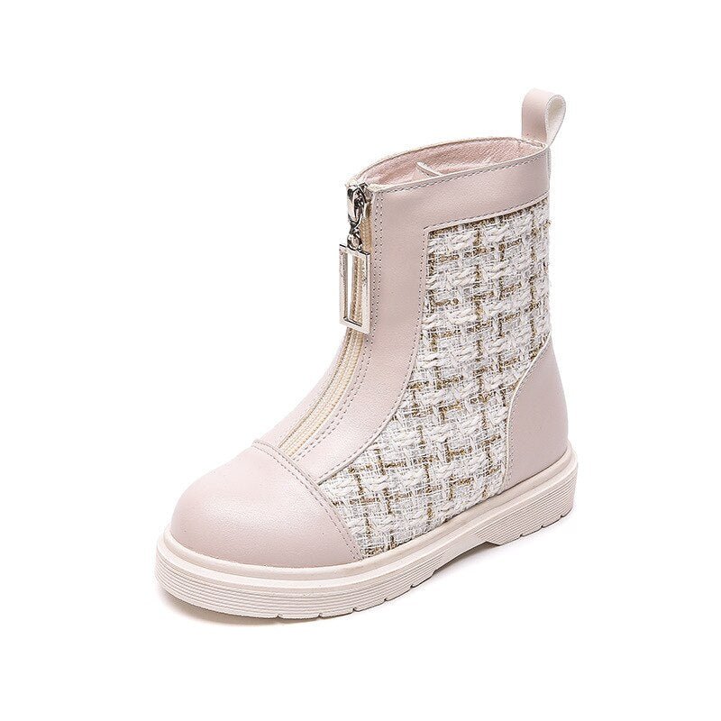 Girls' 2022 new autumn and winter Front zipper design British style genuine leather children's check short boots - PontoBaby