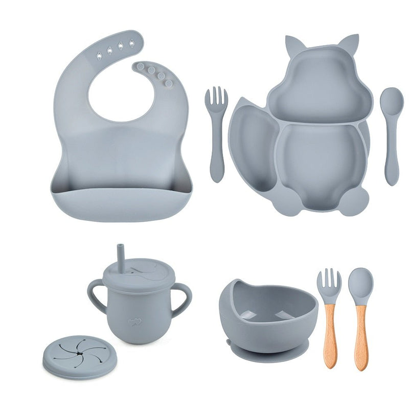 Kit alimentação infantil para bebê de silicone raposinha 8 pçs - PontoBaby