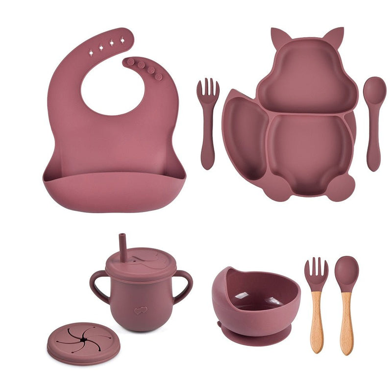 Kit alimentação infantil para bebê de silicone raposinha 8 pçs - PontoBaby